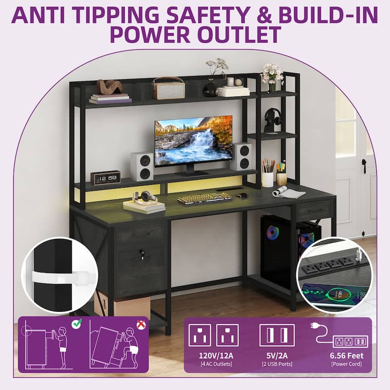 Moasis 59" Computer Desk with Hutch and Shelves, LED Gaming Desk with Monitor Stand