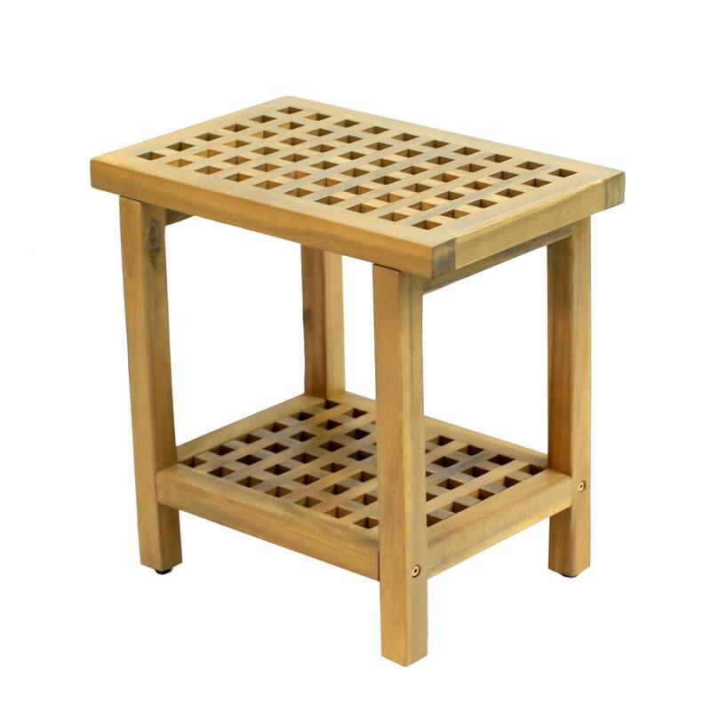 Armin 18.1" Classic Grid Slat Solid Acacia Wood Indoor/Outdoor Shower Stool, By JONATHAN Y - 18.1L x 11.81W x 17.72H - Light Teak