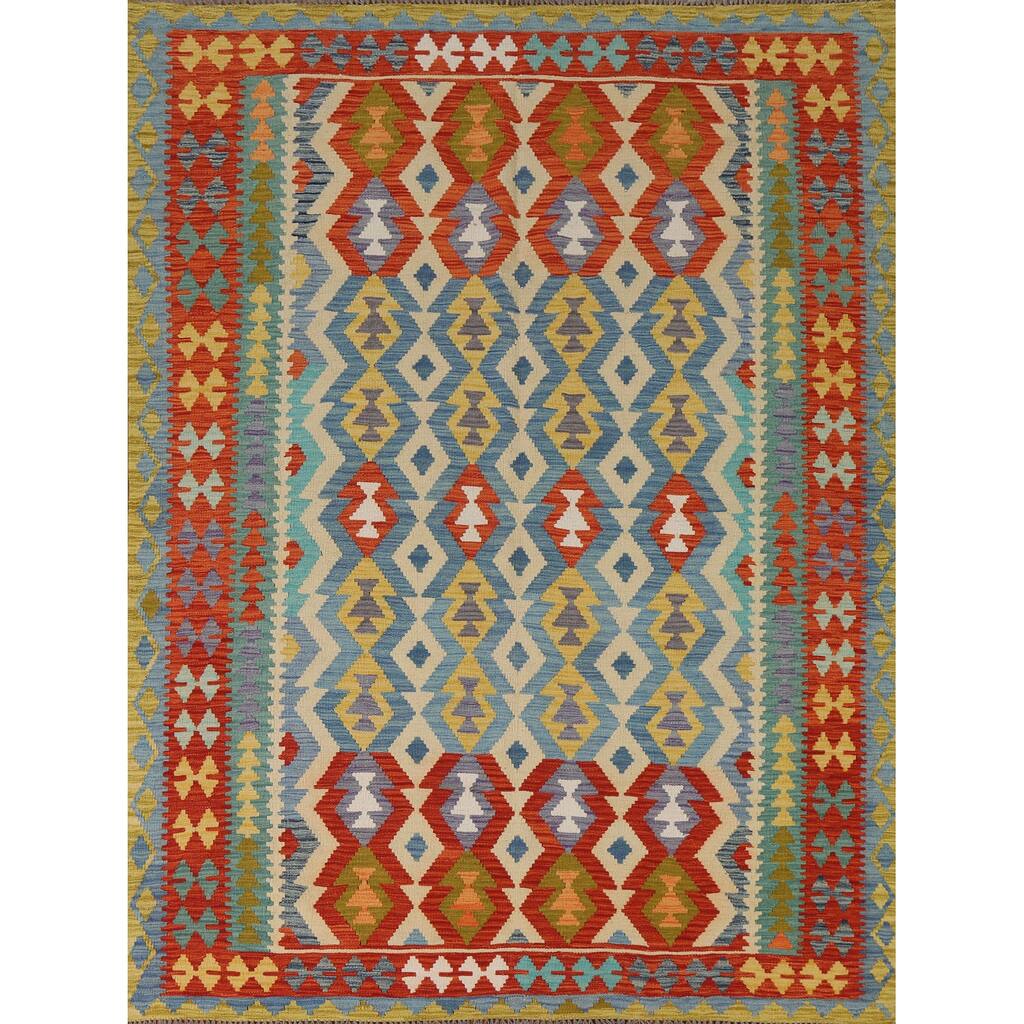 Geometric Kilim Area Rug Oriental Flatweave Wool Carpet - 6'3" x 7'11"