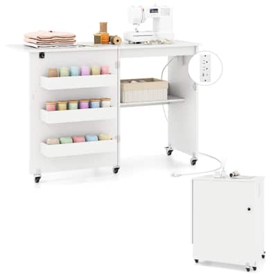 Costway Folding Sewing Machine Table Lockable Casters Rack with 3 - See Details