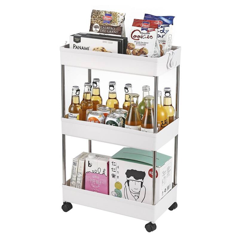 3-Layer Plastic and Stainless Steel Mobile Storage Cart for Kitchen, Bathroom, Narrow Place