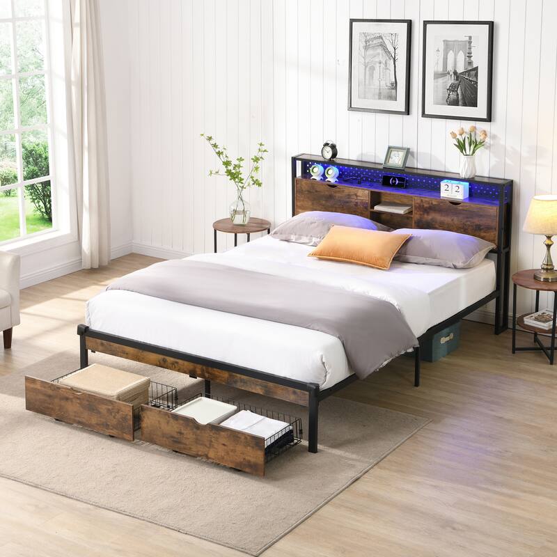 King Size Modern Metal Platform Bed with Wooden Headboard & 2 Drawers - Black Brown - King