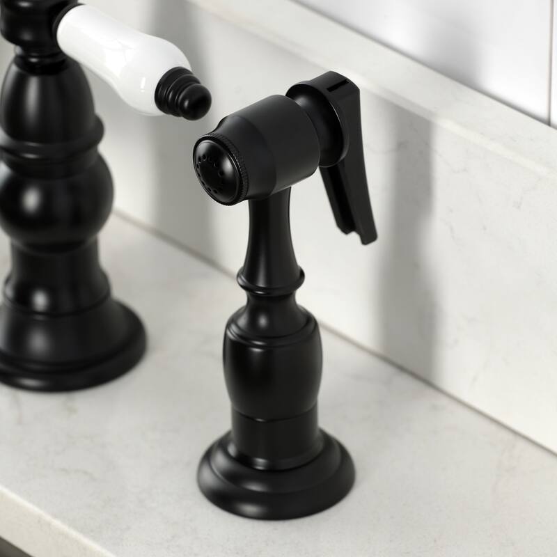 Kingston Brass Bel-Air Two-Handle 4-Hole Deck Mount Bridge Kitchen Faucet with Brass Side Sprayer