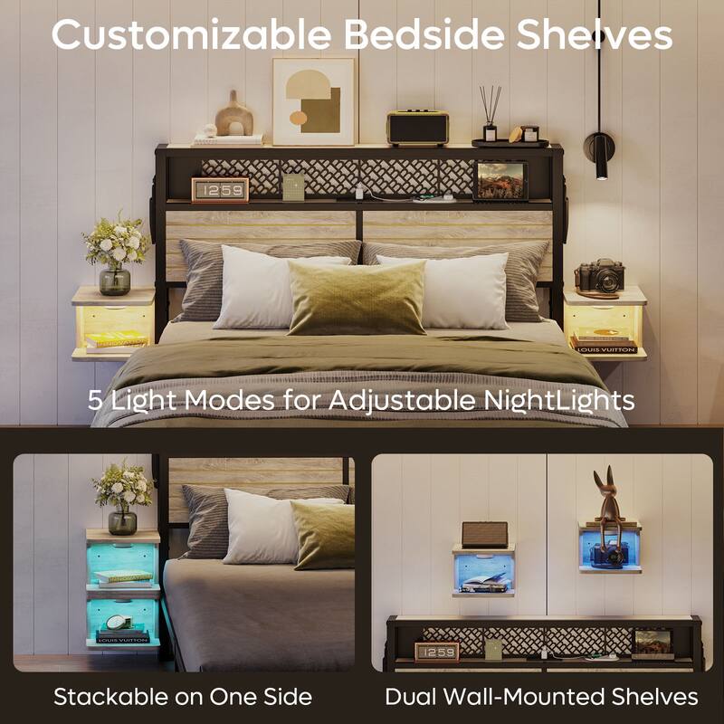 Bestier Bed Frame with Horizontal Golden Stripe Storage Headboard&LED Nightstands, Metal Platform Bed with Charging Station