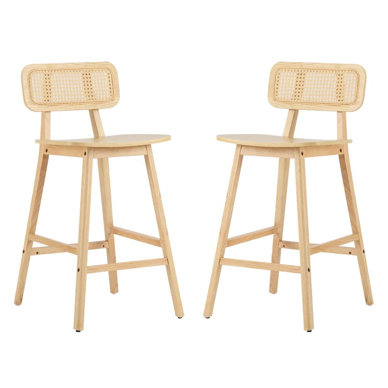 Natural Wood Bar Stools Set of 2 with Woven Rattan Backrest