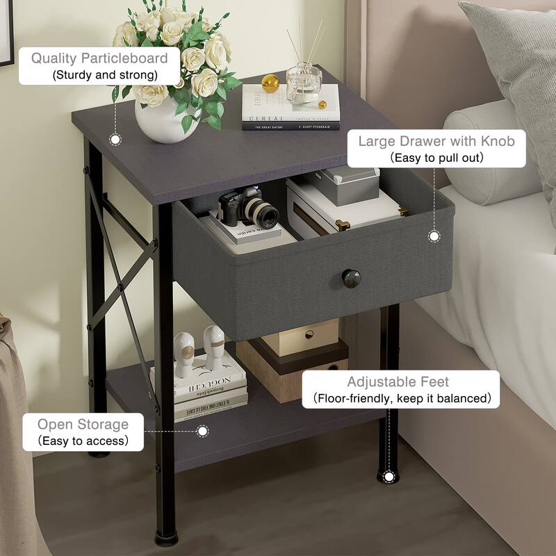 VECELO X Frame Nightstand with Removable Fabric Drawer Easy to Clean Nightstand Multifunctional End Table with Open Shelf
