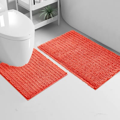 2 Piece Set Coral Soft Cozy Plush Chenille Bath Mat Bathroom Rug