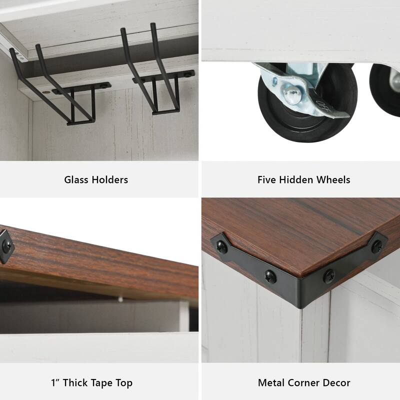 Rolling Kitchen Island Storage Table on 5 Wheels with Sliding Barn Door, Metal Grid Door, Spice Rack, Glass Holders, Drop Leaf