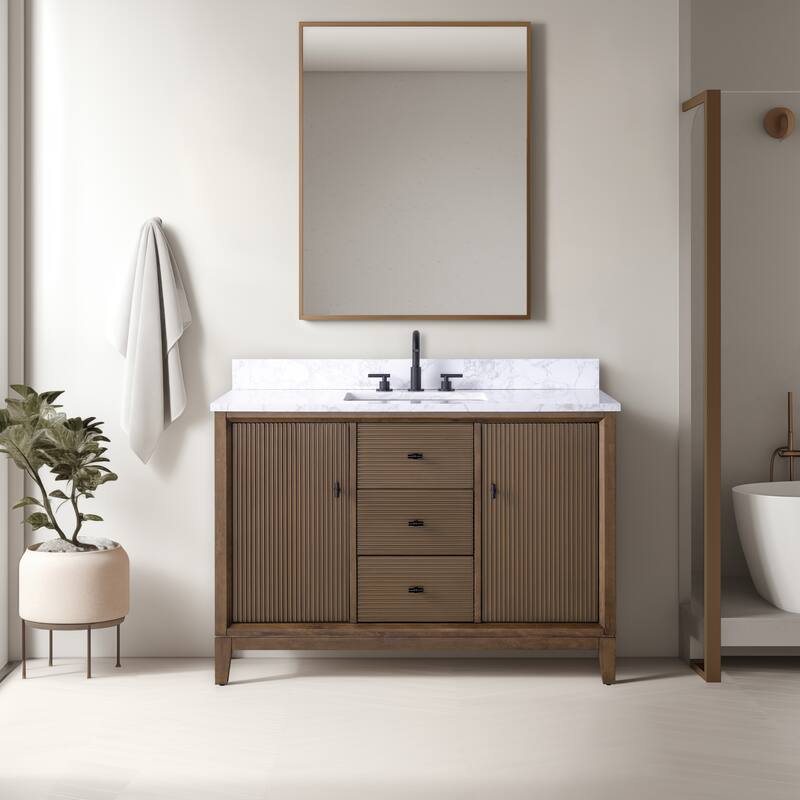 Vanity Art 48" Freestanding Bathroom Vanity with Engineered Marble Top and Sink - 48"/Matte Black - Walnut