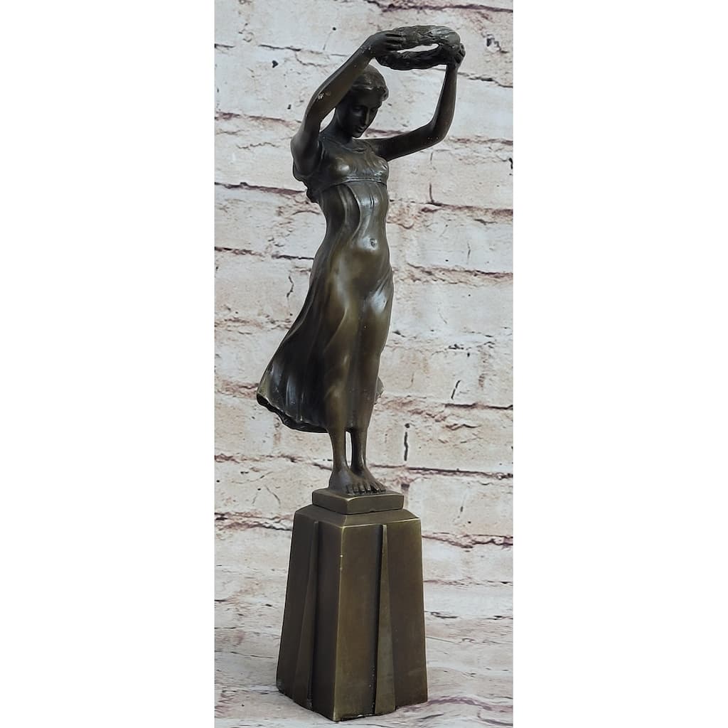 Greek Roman Art Sculpture Woman Holding Up Laurels Wreath Crown Bronze Figure Statue