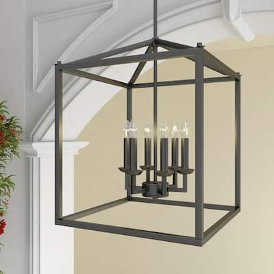 6-light pendant with black finish and steel cage shade