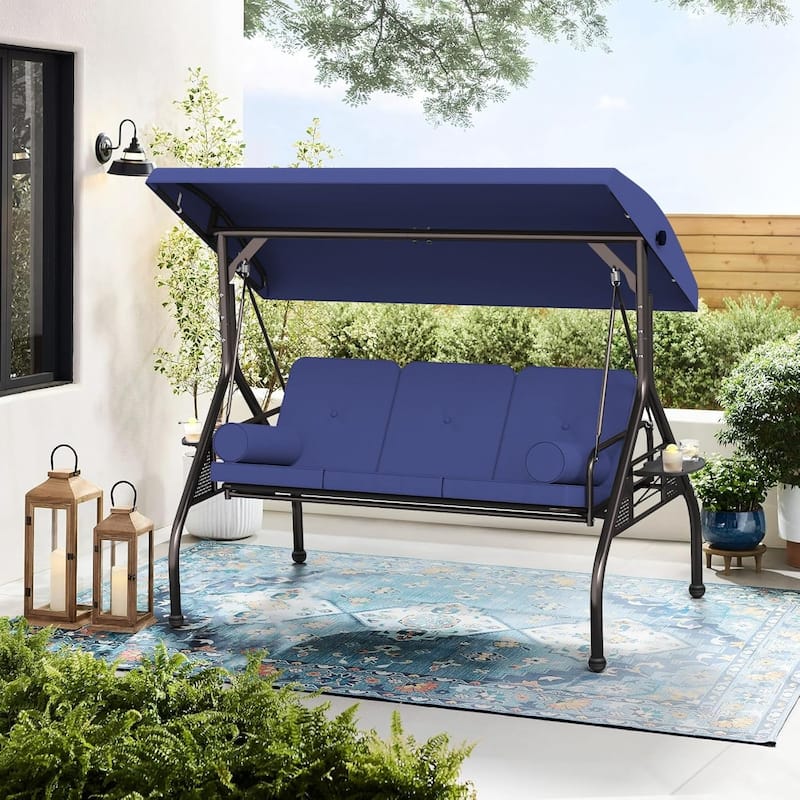 Outdoor Patio 3-Seat Porch Swing Cushioned Seat Bench Chair with Adjustable Tilt Canopy & Side Trays - Blue