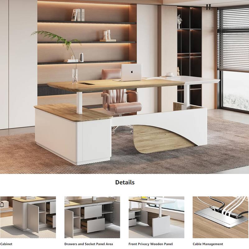 WESOME White Adjustable L Shaped Desk with LED Power Outlets, Electric Sit and Stand Desk