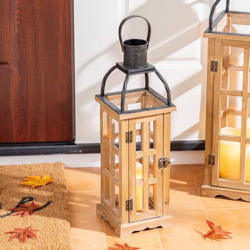 Glitzhome Farmhouse Wooden Metal Cage Candle Holders Patio Hanging Vintage Lanterns (Set of 2)