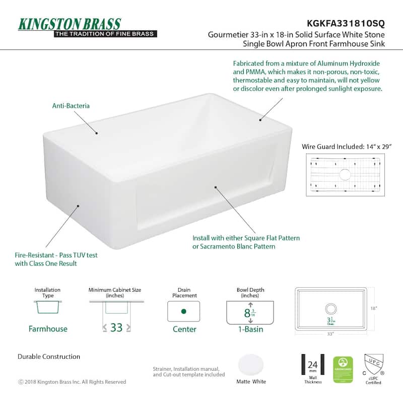 Kingston Brass Arcticstone 33" Farmhouse Single Basin Stone Composite