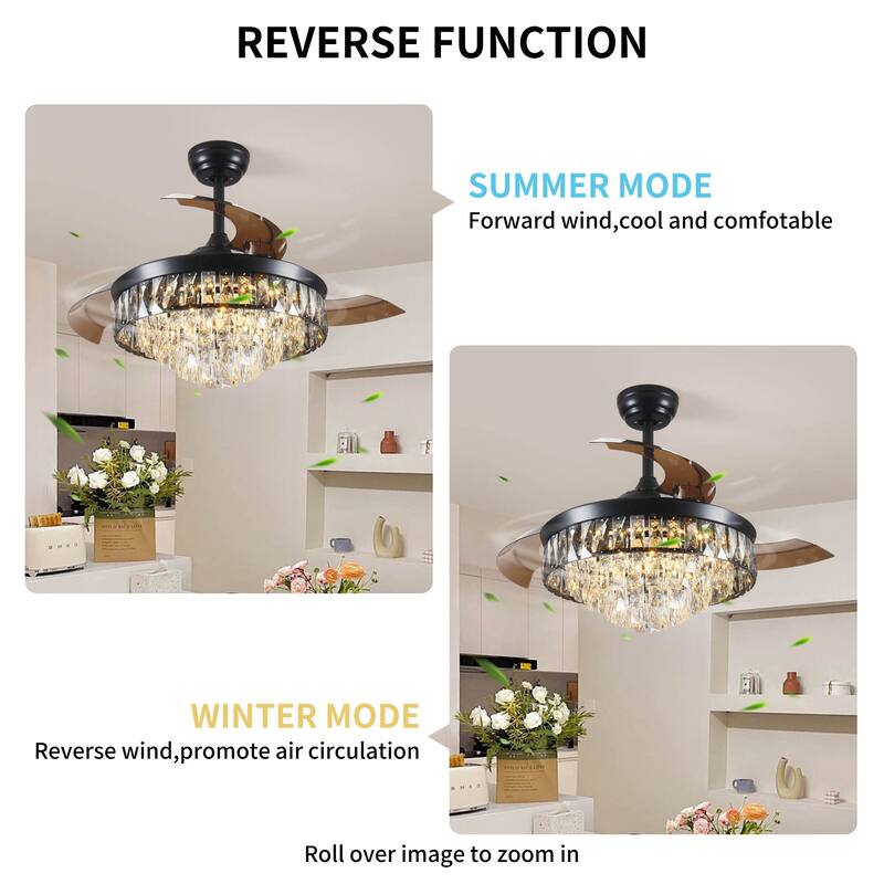 42" Invisible Ceiling Fan Chandelier Light, Crystal Ceiling Fan Light with Remote Control and 3 Retractable Blades