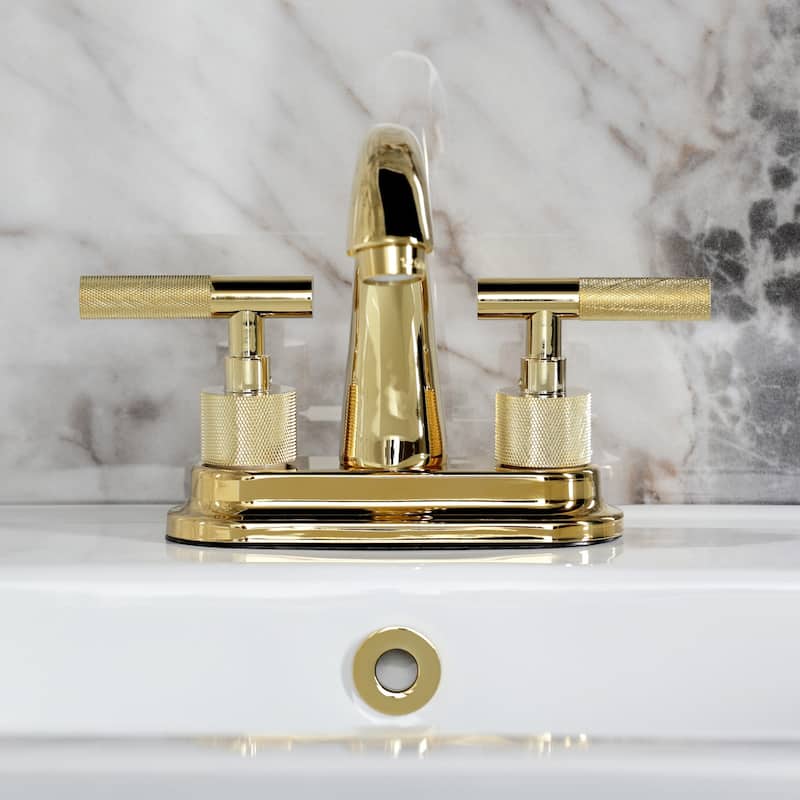 Kingston Brass Convergent Two-Handle 3-Hole Deck Mount 4" Centerset Bathroom Faucet with Knurled Handle and Brass Pop-Up Drain