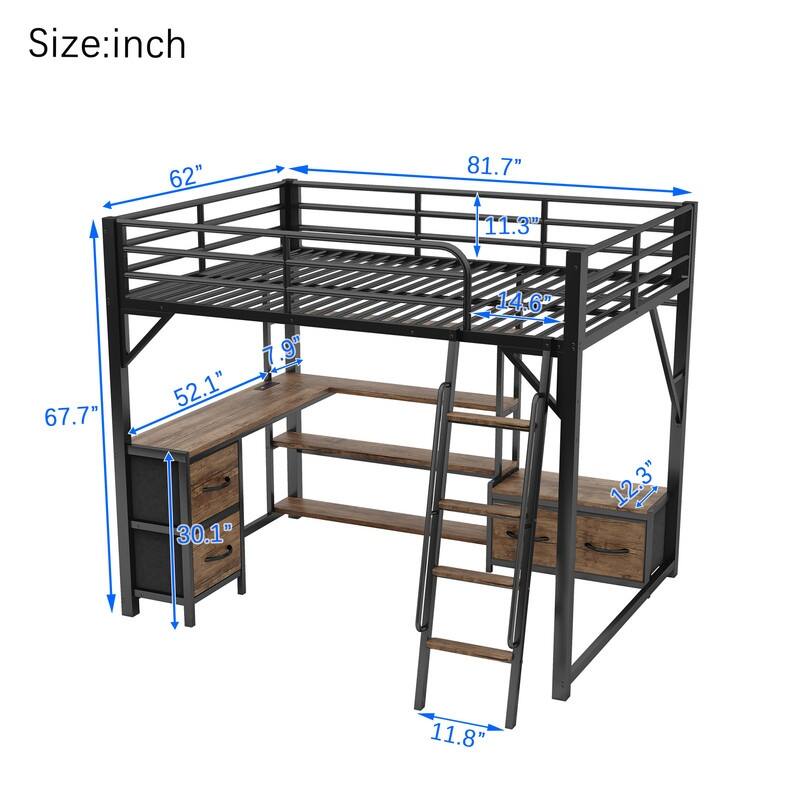 Multifunctional Loft Bed With Study Desk, LED Lighting, Built-In Shelves, Closet And Underbed Storage Drawers For Teens And Kids