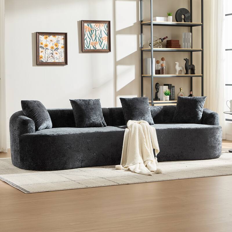 Curved Loveseat Sofa, 110'' Chenille 2-Seater Couch Deep Seat Sectional Couch with 3 Plush Pillows - Black