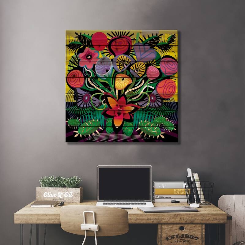 Jungle Bouquet Print On Wood by Charles Harker - Multi-Color