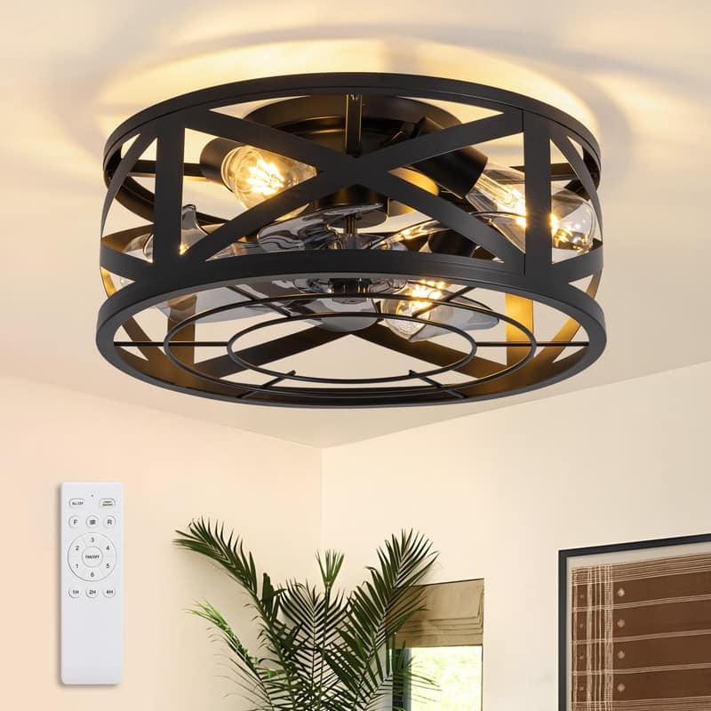 16Inch 4-Light Farmhouse Black Flush Mount Caged Ceiling Fan with Light and Remote Low-profile Ceiling fan Indoor Small room