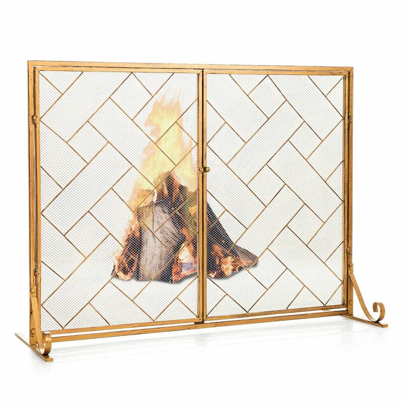 3-Panel Folding Wrought Iron Fireplace Screen with Doors and 4 Pieces Tools Set - 44.5" x 16" x 33.5" (L x W x H)