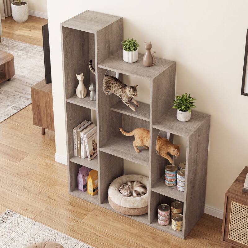 Gymax Modern Cat Bookshelf w/ 2 Round Holes Anti-Tipping Device for
