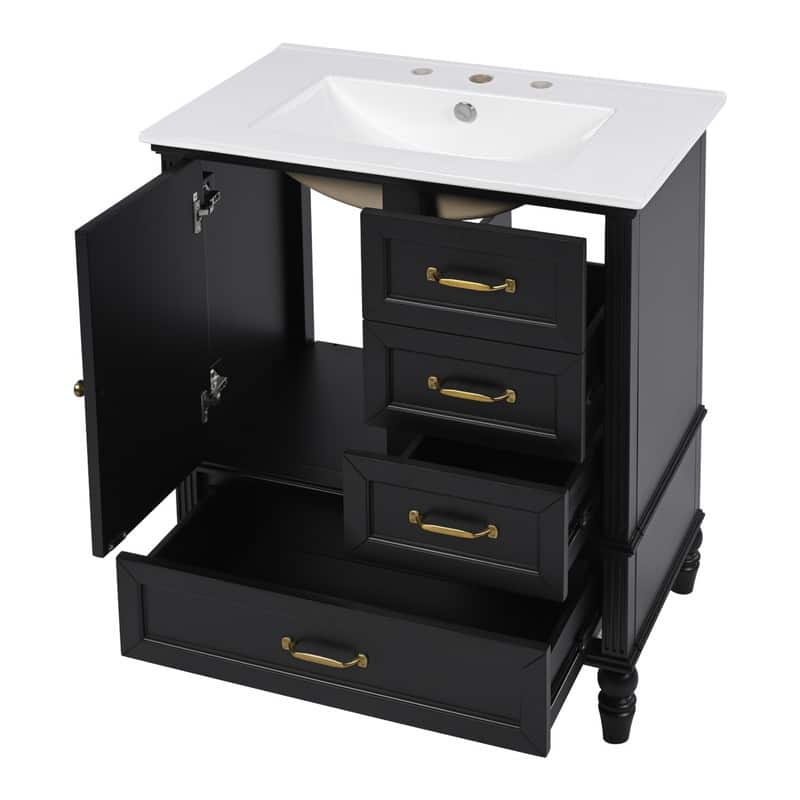 30" Bathroom Vanity with Ceramic Sink Top, Modern Bathroom Storage Cabinet with 1 Door, 3 Drawers and Solid Wood Legs
