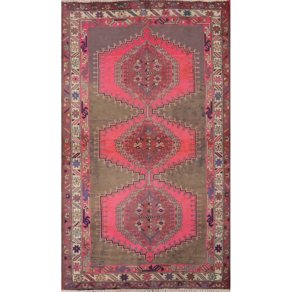 Pink Ardebil Persian Vintage Area Rug Hand-Knotted Wool Carpet - 3'11" x 7'7"