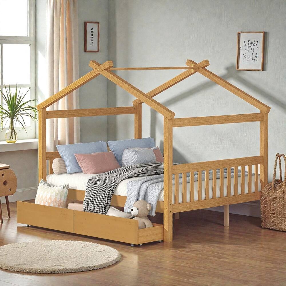 Twin/Full Size Wooden House Bed with Roof and 2 Drawers, Kids Platform Bed with Storage, Solid Pine Frame