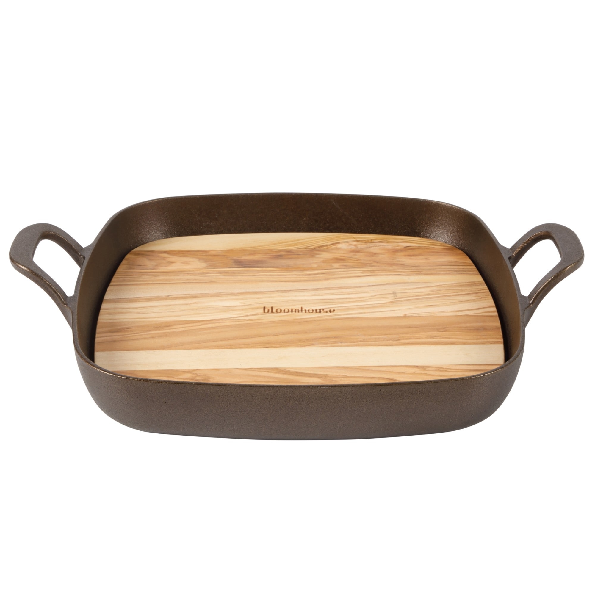 Bloomhouse Natural Bronze Finish Pre-seasoned Cast Iron Grill, Everyday Pan, Skillet & Olive Wood Trivet