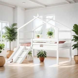 Elegant Twin Low Loft House Bed with Slide, Ladder, Safety Guardrails and House Roof Frame, Space for Entertainment, White