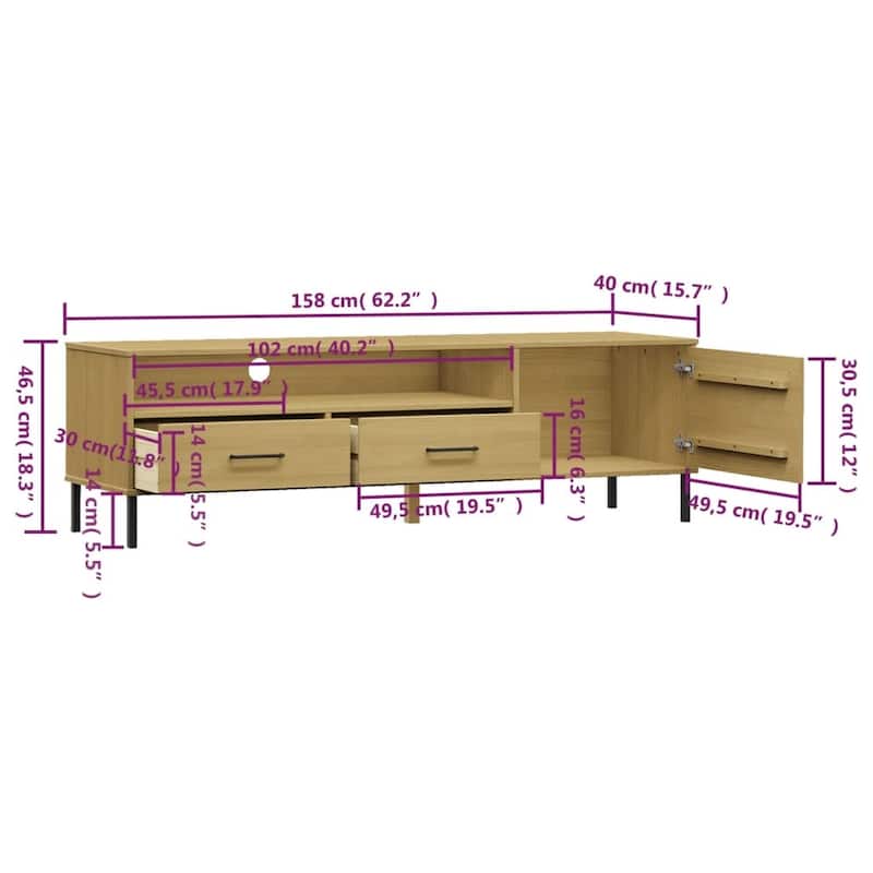 vidaXL TV Stand TV Console TV Console with Metal Legs Solid Wood Pine OSLO - 62.2" x 15.7" x 18.3"