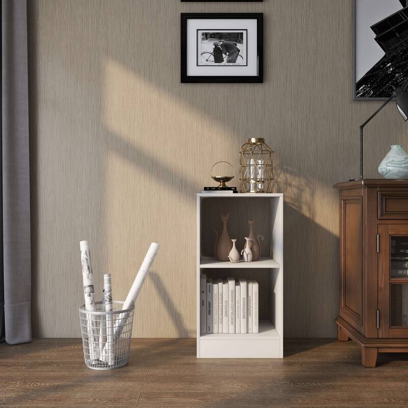 Modern Small Wooden White 2-Piece Storage Bookshelf Set with Cubes for Bedroom or Living Room - 15" x 13" x 29" (L x W x H)