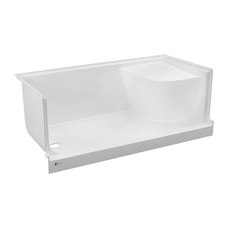 Fine Fixtures Single Threshold Acrylic Non-Slip Shower Base With Seat - 60 x 32 - Left Hand Drain