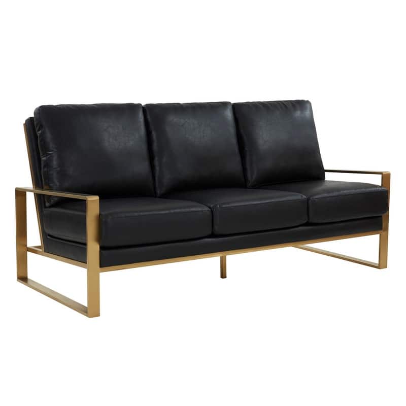 Jefferson Modern Leather Upholstered 3 Seater Loveseat Sofa Chair in Brushed Gold Steel Base with Armrest Removable Cushion - Black