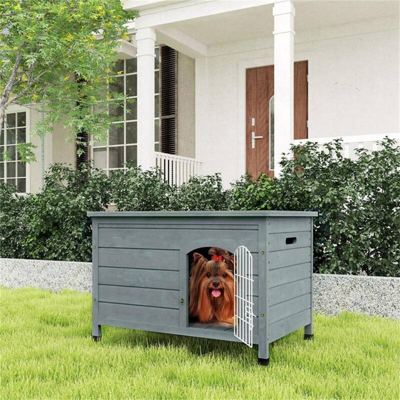 Dark Gray Fir Wood Dog Kennel House with Wire Lock Door Removable Bottom Panel - Grey