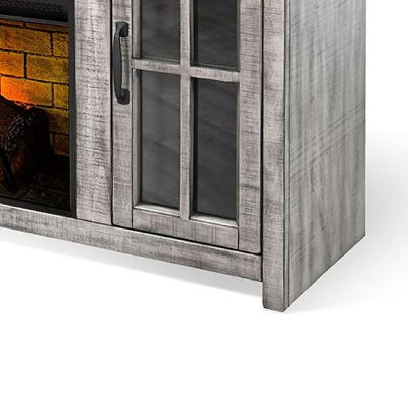 Gery TV Console w Log Fireplace, 76 Inch, 2 Cabinets, Gray Brown Mahogany