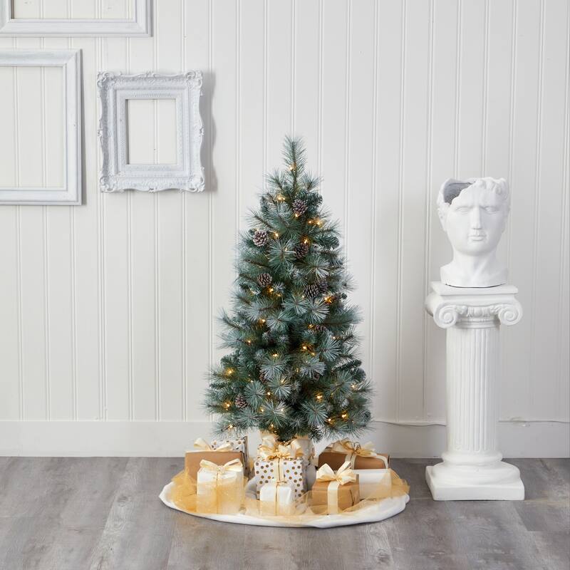 4ft. Frosted Tip Pine Artificial Christmas Tree with 100 Clear Lights, Cones & 228 Branches - Petite Winter X-Mas Accent