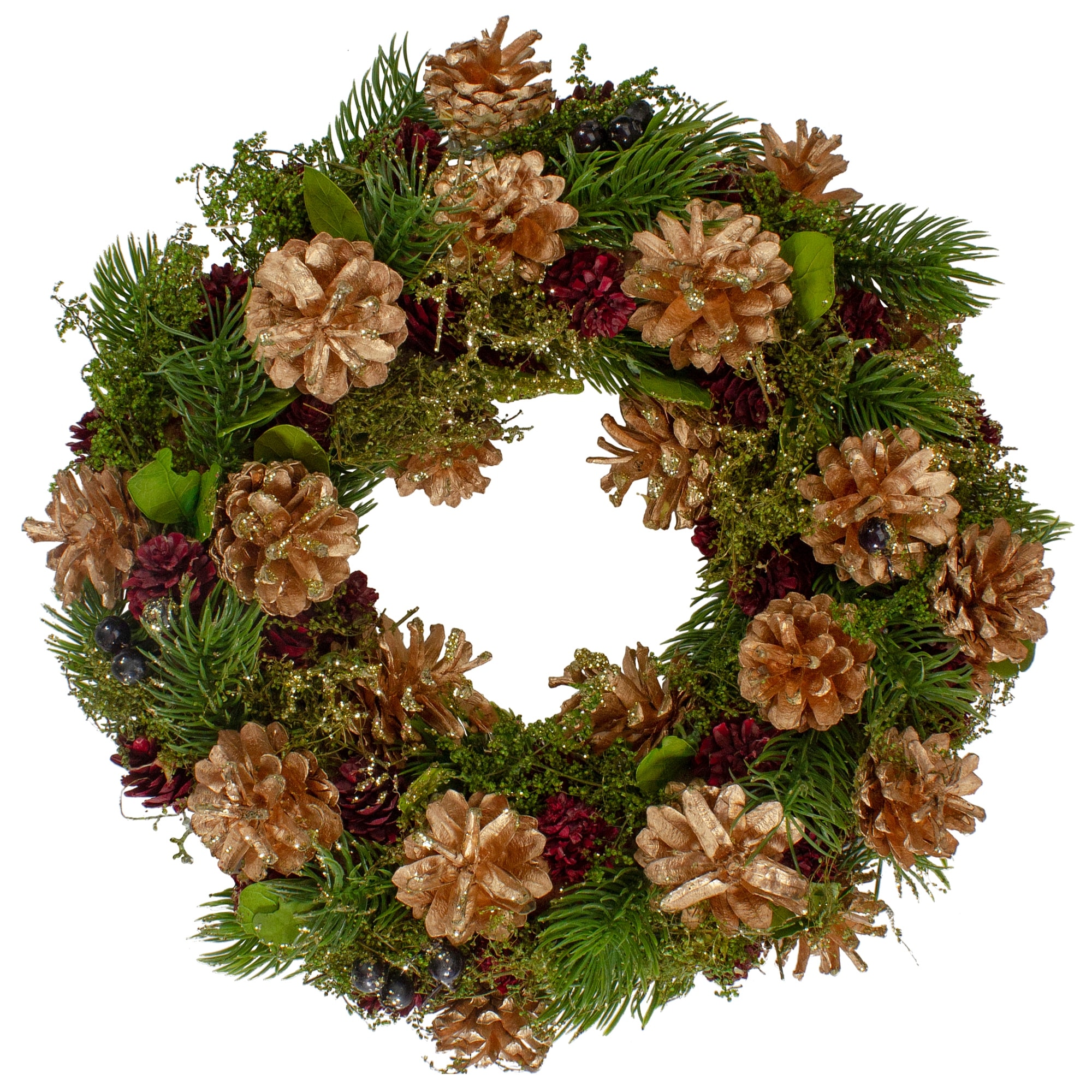 12" Green Gold and Red Glitter Pinecones Christmas Wreath