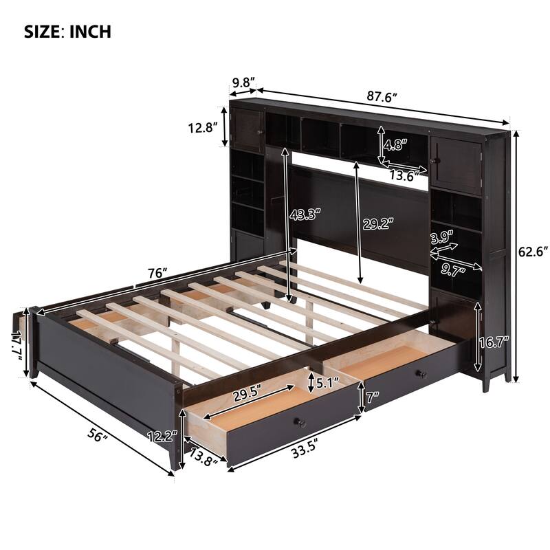 Full Bed with Built-In Cabinet, Shelves, and Storage Drawers - Space-Saving Design