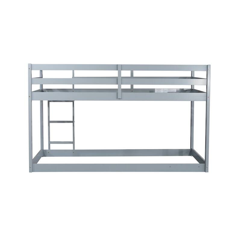 Wooden Twin over Twin Floor Bunk Bed with Ladder, with Bed Platform of Strengthened Slats