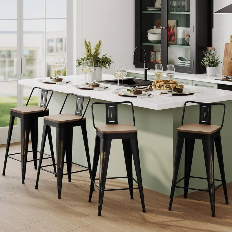 Industrial Style Bar & Counter Stools with Metal Frame Kitchen 26" and 30" Seat Height Stools with Low Back and Wooden Seat - Distressed Gold - Bar Height