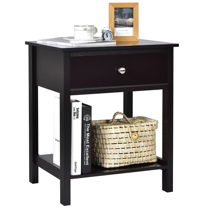 2 Tier Modern End Table Nightstand w Drawer Shelf Sofa Side Table