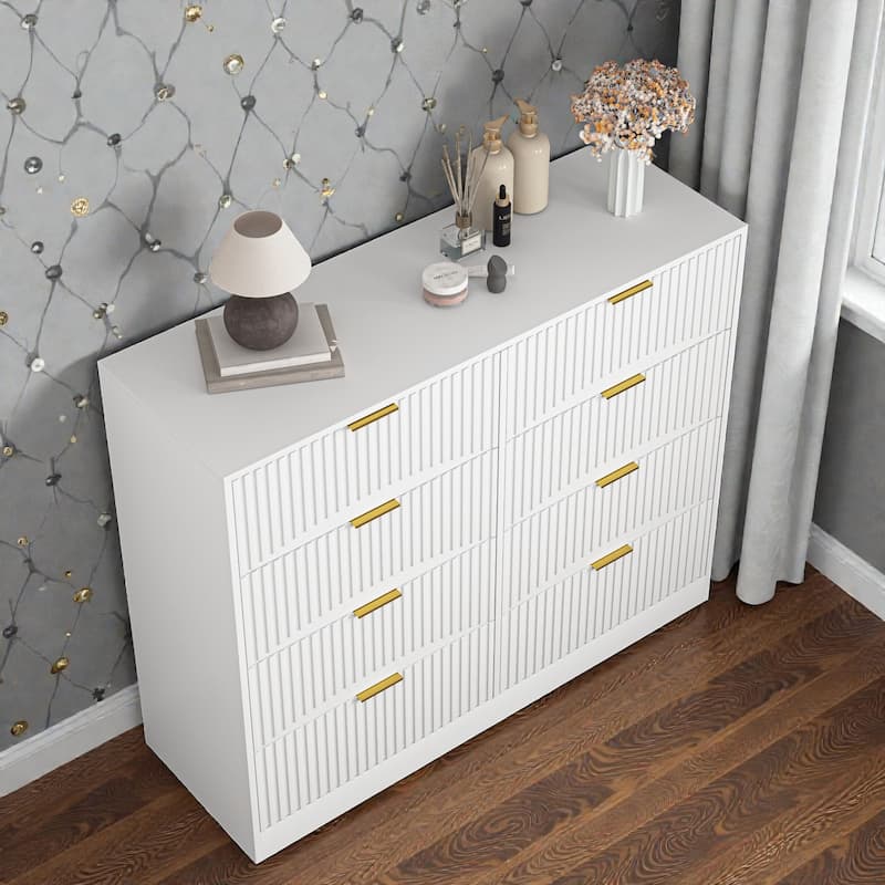 Modern 8 Drawer Dresser with Gold Metal Handles, 47.2 Inch Wide Wood Chest of Drawers for Bedroom Living Room