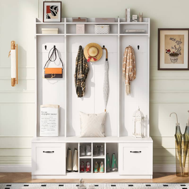 Modern Hall Tree Cabinet with Bench & Adjustable Shelves, Entryway Storage Cabinet Coat Rack with Walk-in Closet
