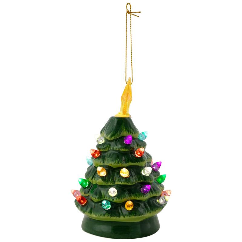 LED Lighted Mini Retro Christmas Tree with Gold Star Ornament - 5.25" - Green