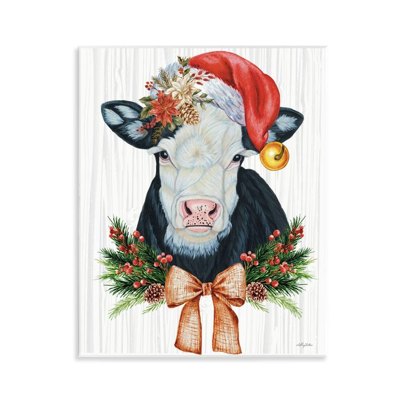 Stupell Festive Cow in Christmas Hat Wall Plaque Art Design By Ashley Justice - 11 x 14