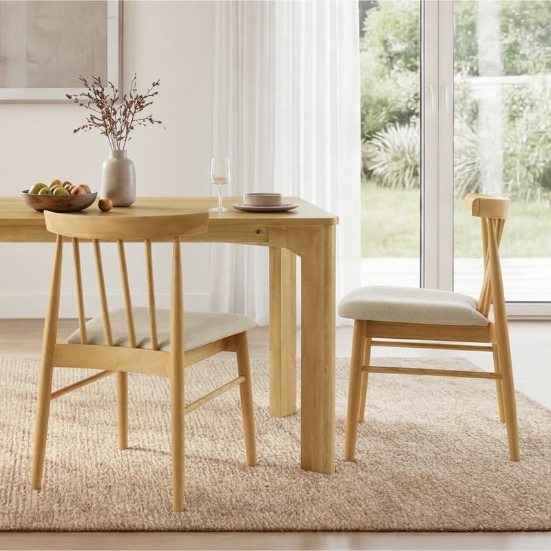 Spruce & Spring Windsor Spindle Back Upholstered Dining Chair with Solid Wood Frame - Set of 2 - Beige