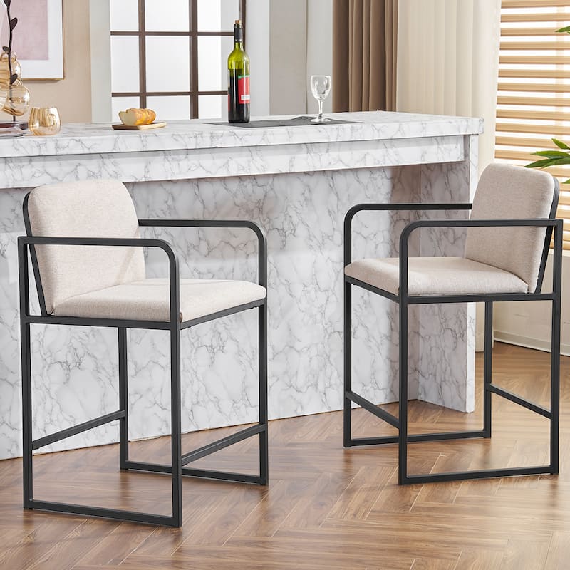 Modern Counter Height Bar Stool Set of 2, Upholstered Bar Stools with Armrests, Footrest Bar Chairs with Metal Frame